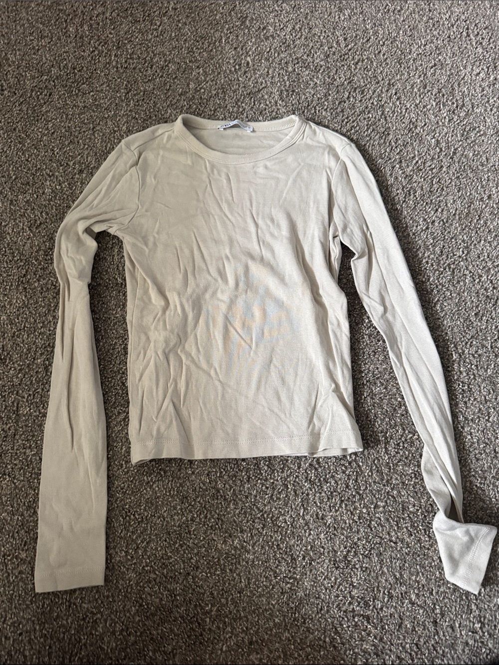 Zara Slim Long-Sleeve Crewneck Top in Light Beige